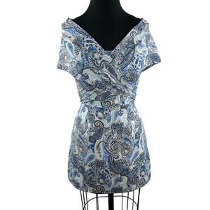 More To Come Blue White Crossover Mini Dress Paisley Waist Tie Back Zip Size XS